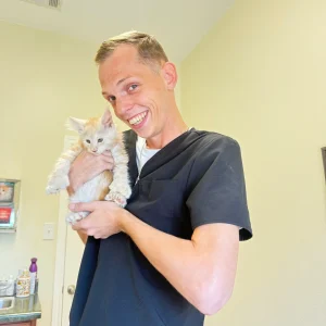 Michael veterinary technician with a Rosa's Maine Coons kitten